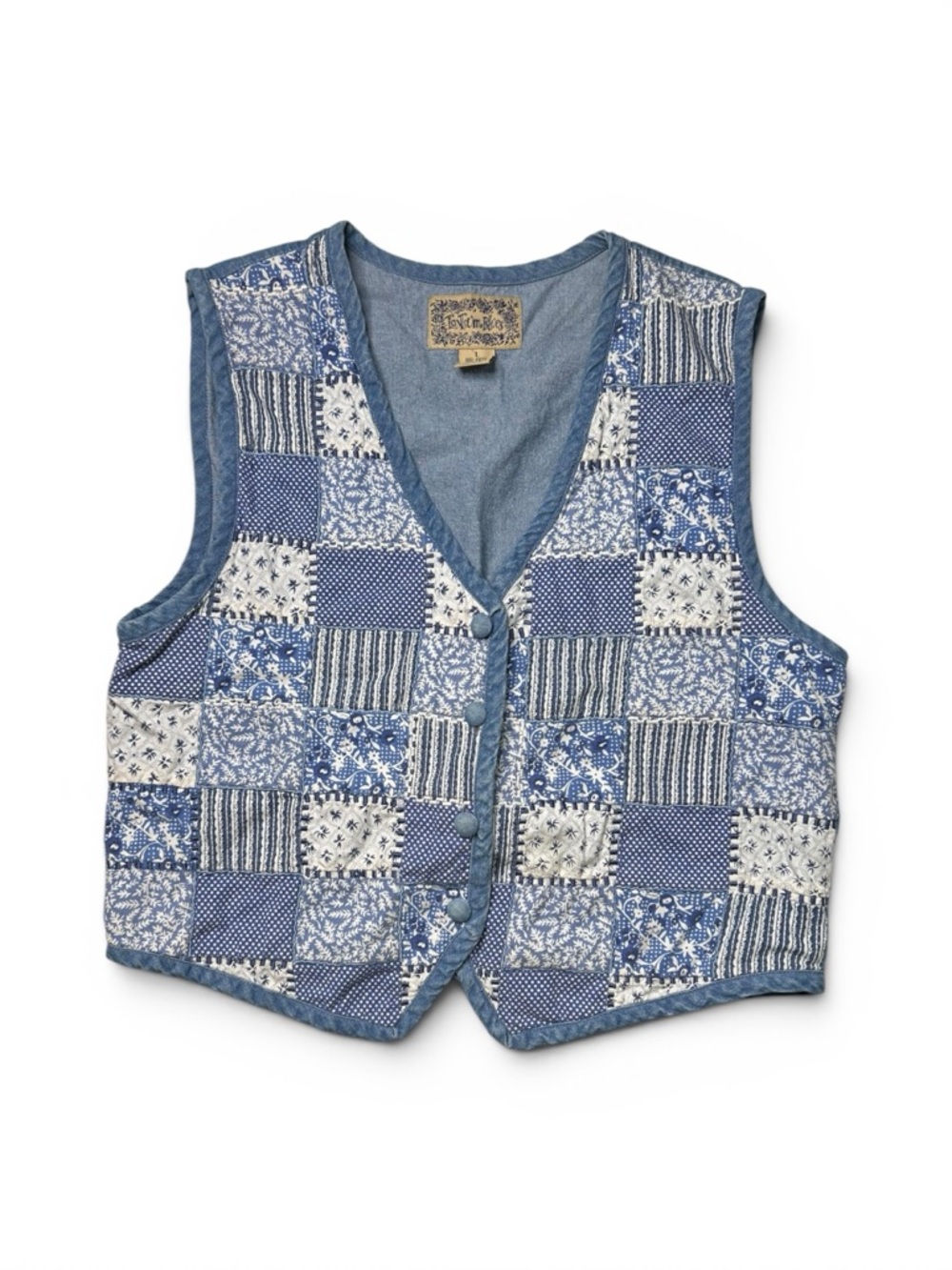 Vintage Tonal Blues Patchwork Denim Vest Quilted Western Boho Sz L - Picture 2 of 8
